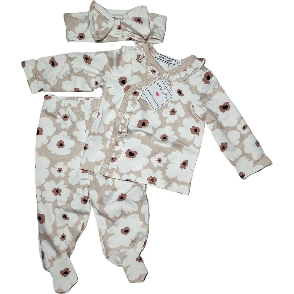 Little Millie 4pc Baby‎ Girl 3 Mos Brown Flower Blanket Outfit Headband Ruffled